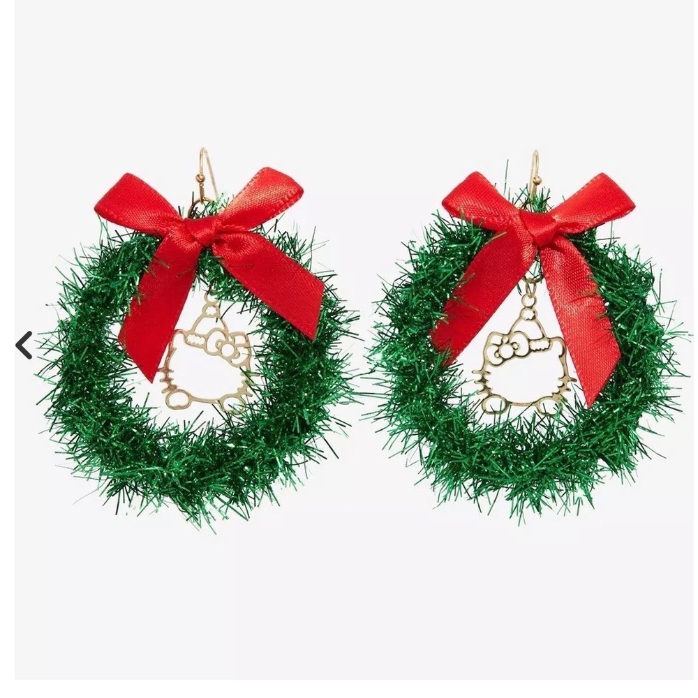 Sanrio Hello Kitty Christmas‎ Wreath Hoop Earrings Green Tinsel Red Bow Bioworld